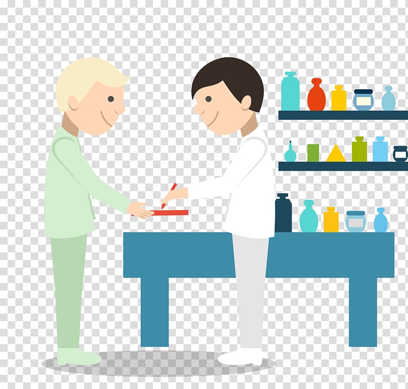 two person illustration near teal table, Pharmacist Hospital pharmacy, blue medical work in hospital pharmacists transparent background PNG clipart