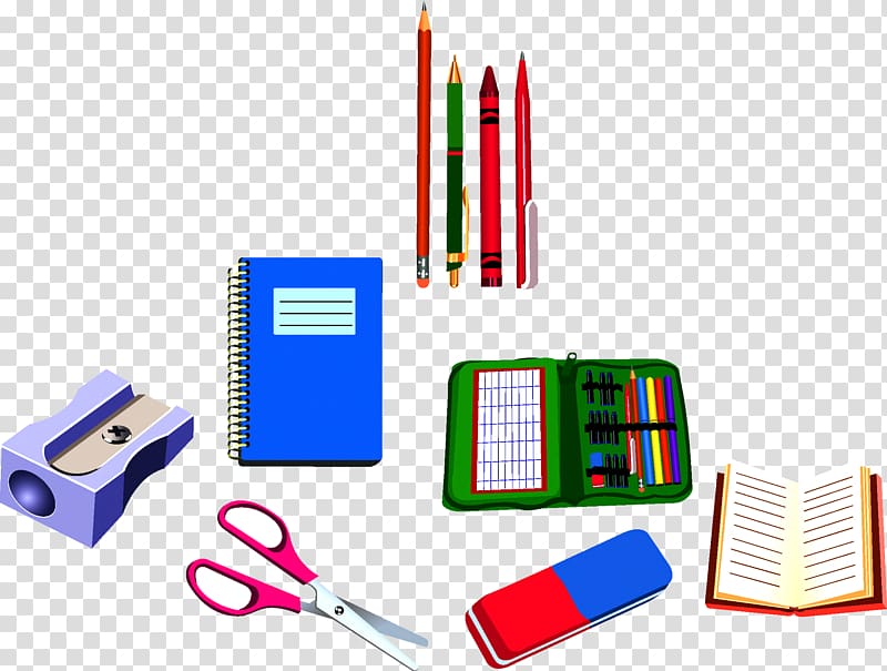 blue notebook with scissors. sharpener, case and pens illustration, School supplies Drawing , learning tools transparent background PNG clipart