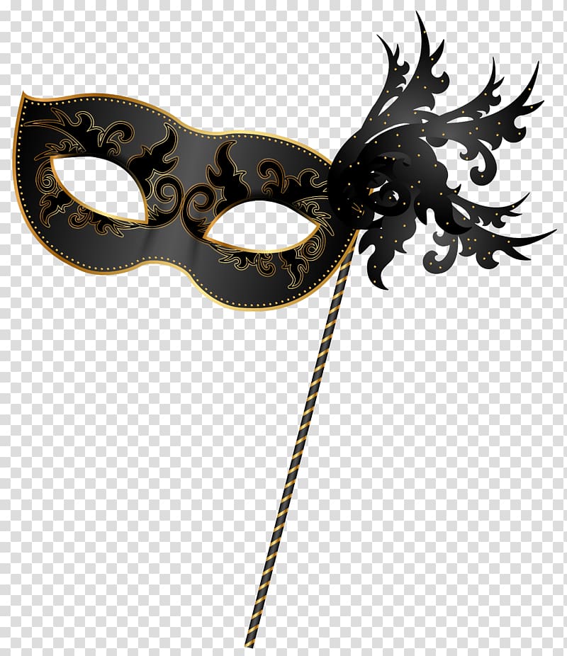 black and yellow masquerade mask with stick illustration, Masquerade ball Mask , Carnival Mask transparent background PNG clipart