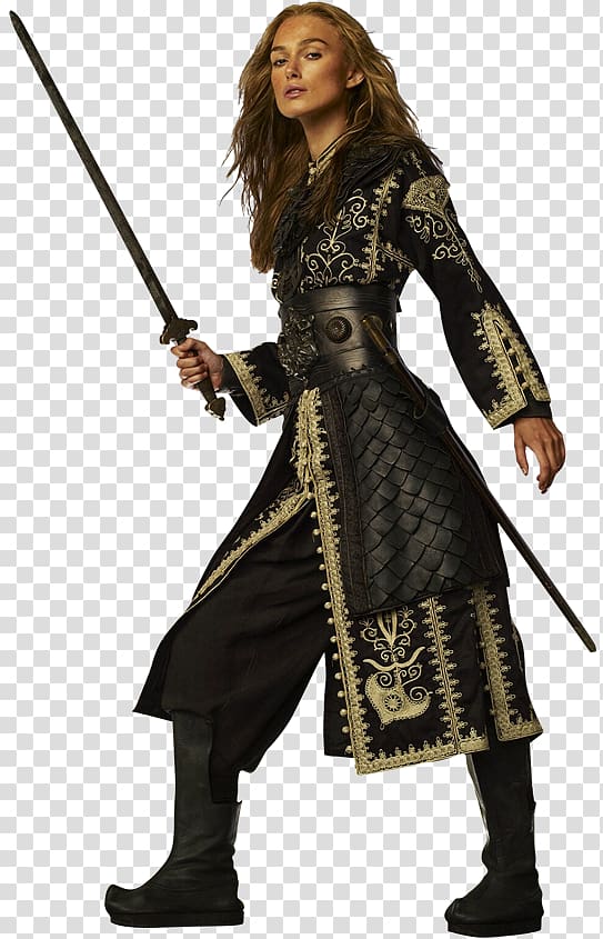 woman wearing black and gray leather suit holding sword, Keira Knightley Jack Sparrow Elizabeth Swann Pirates of the Caribbean: The Curse of the Black Pearl Governor Weatherby Swann, caribbean transparent background PNG clipart