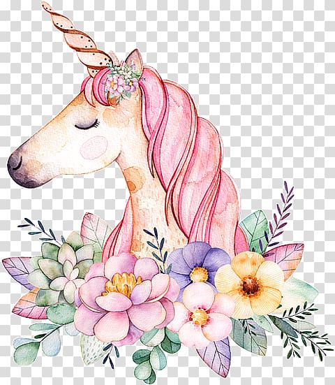 pink and multicolored unicorn illustration, Floral design Watercolor painting Unicorn Digital art , unicorn transparent background PNG clipart