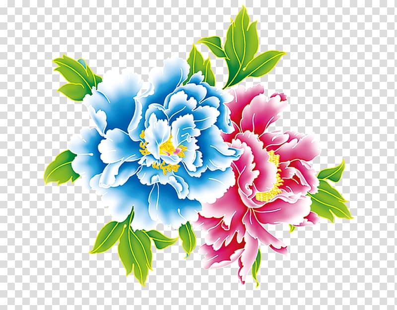 blue and pink flowers illustration, Floral design La peinture de fleurs Chinese painting, Peony painting transparent background PNG clipart