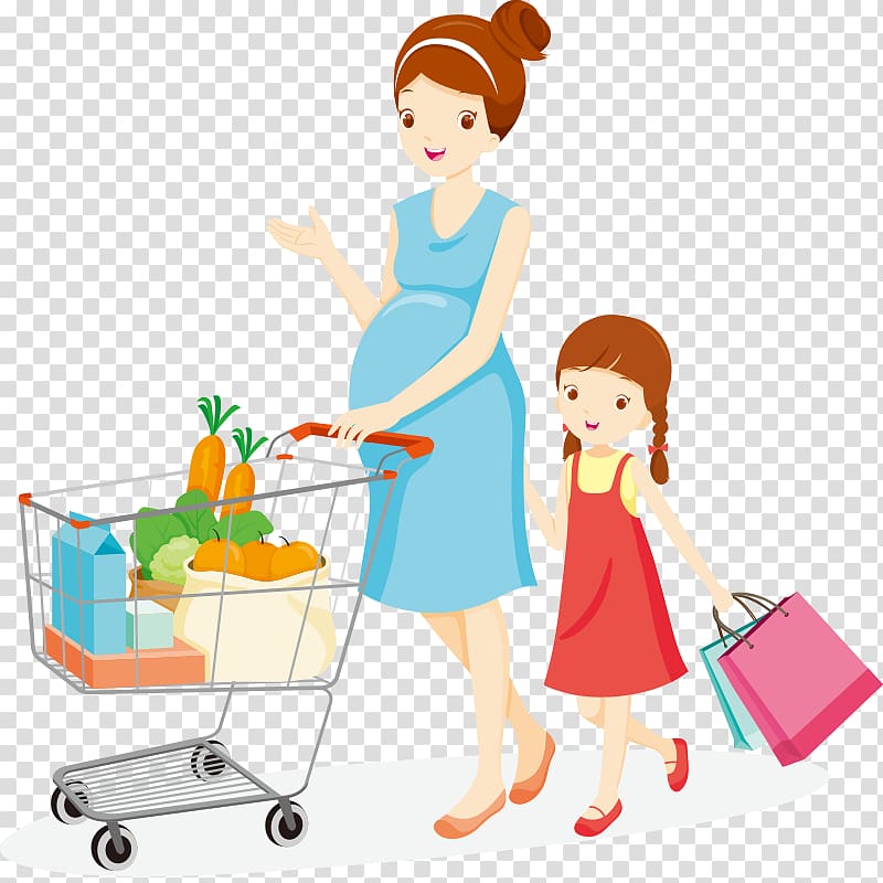 pregnant mom and daughter shopping together illustration, Shopping cart Mother , Cartoon pregnant women and children to buy food scene transparent background PNG clipart