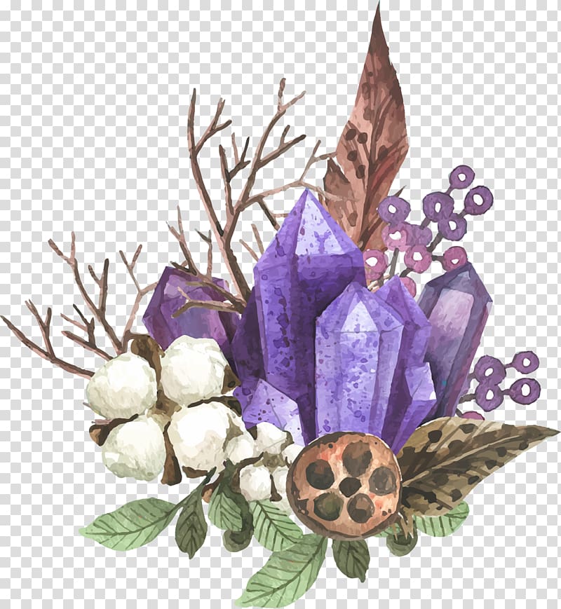 crystal and fruit , Amethyst watercolor floral decoration feather transparent background PNG clipart