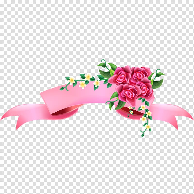 pink and yellow flowers illustration, Pink ribbon Illustration, Rose decorative banners transparent background PNG clipart