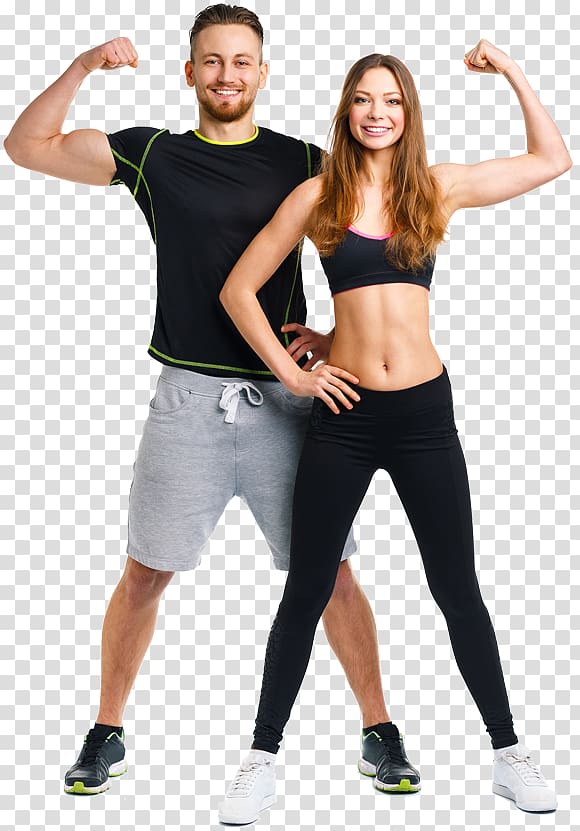 man and woman showing biceps, Exercise Personal trainer Fitness Centre Physical fitness , female partner transparent background PNG clipart