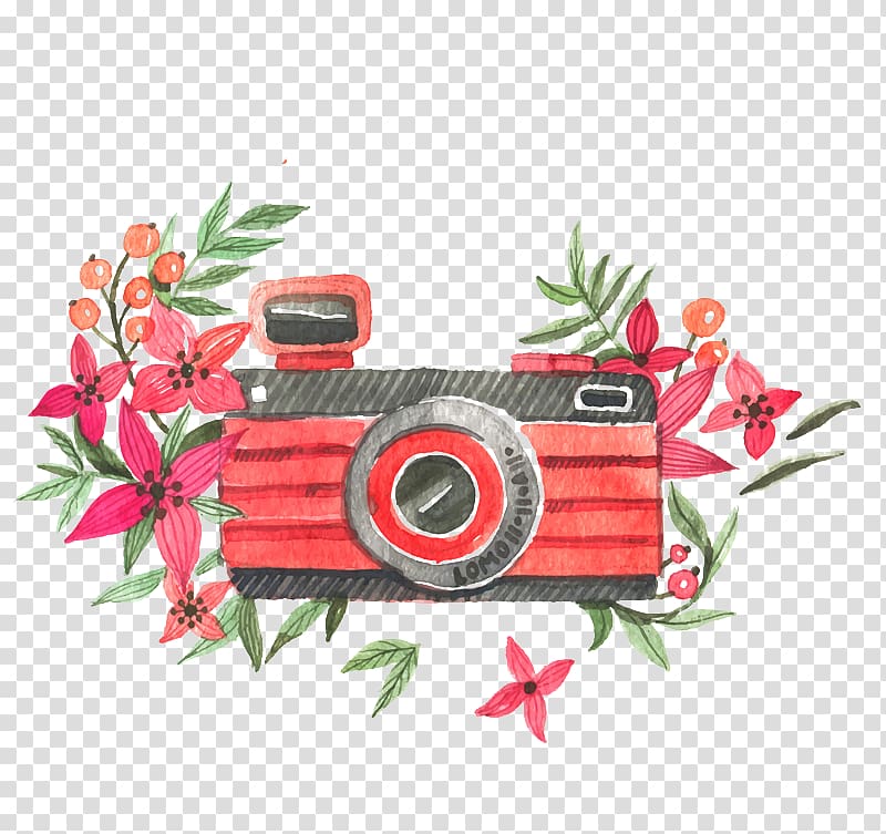 Floral design Necklace Pendant Magnet Pattern, Watercolor flowers and cameras , red and black camera colored illustration transparent background PNG clipart