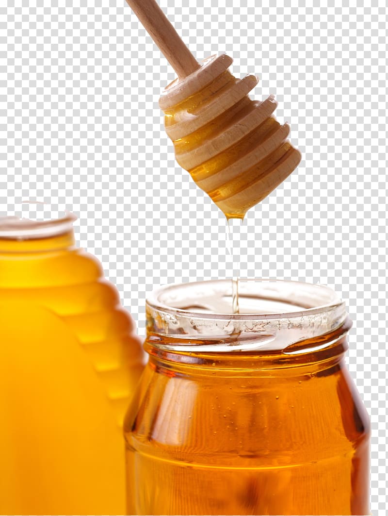 Honey bees and honey Spoon Chrysanthemum tea, Jar of honey transparent background PNG clipart