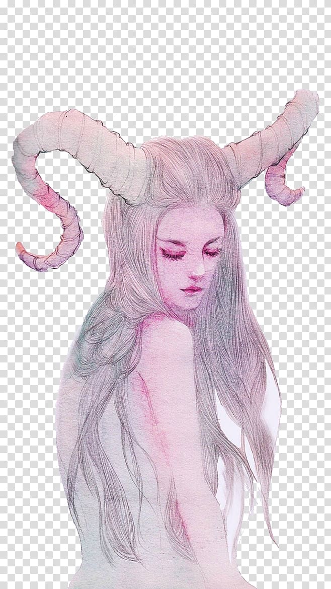 woman with horn sketch, Drawing Art Illustration, Horned girl transparent background PNG clipart