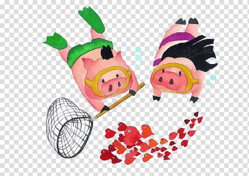 Domestic pig Cartoon Illustration, Cartoon cute pig diving fish transparent background PNG clipart