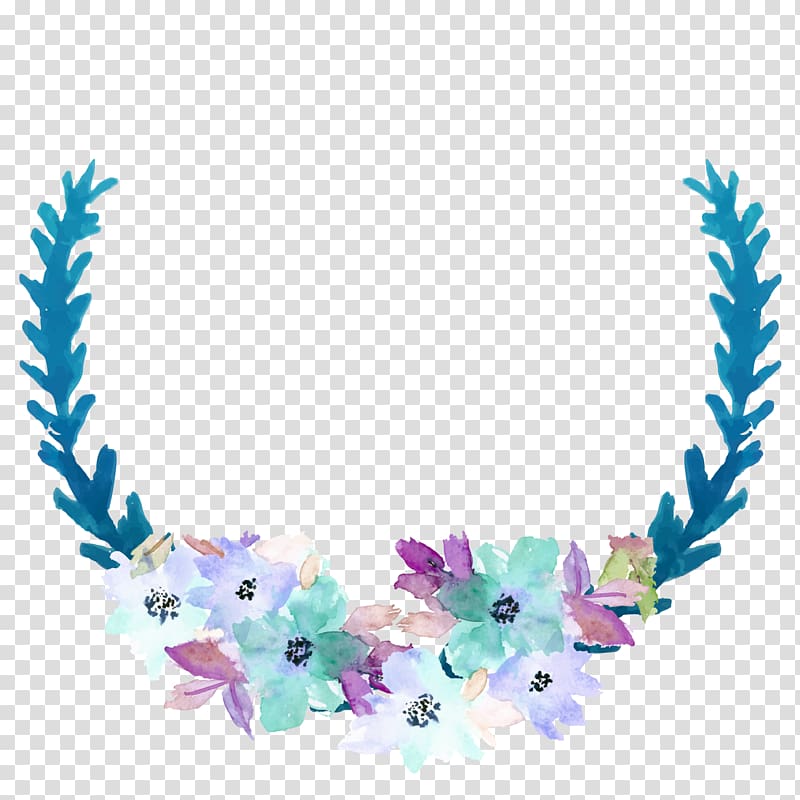 white, green, and purple petaled flowers illustration, Blue , Blue watercolor flower decorative frame transparent background PNG clipart
