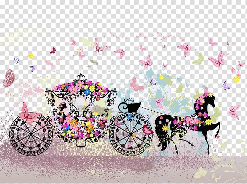 Carriage , Hand-painted flowers wedding carriage butterfly, multicolored horse carriage with butterflies illustration transparent background PNG clipart