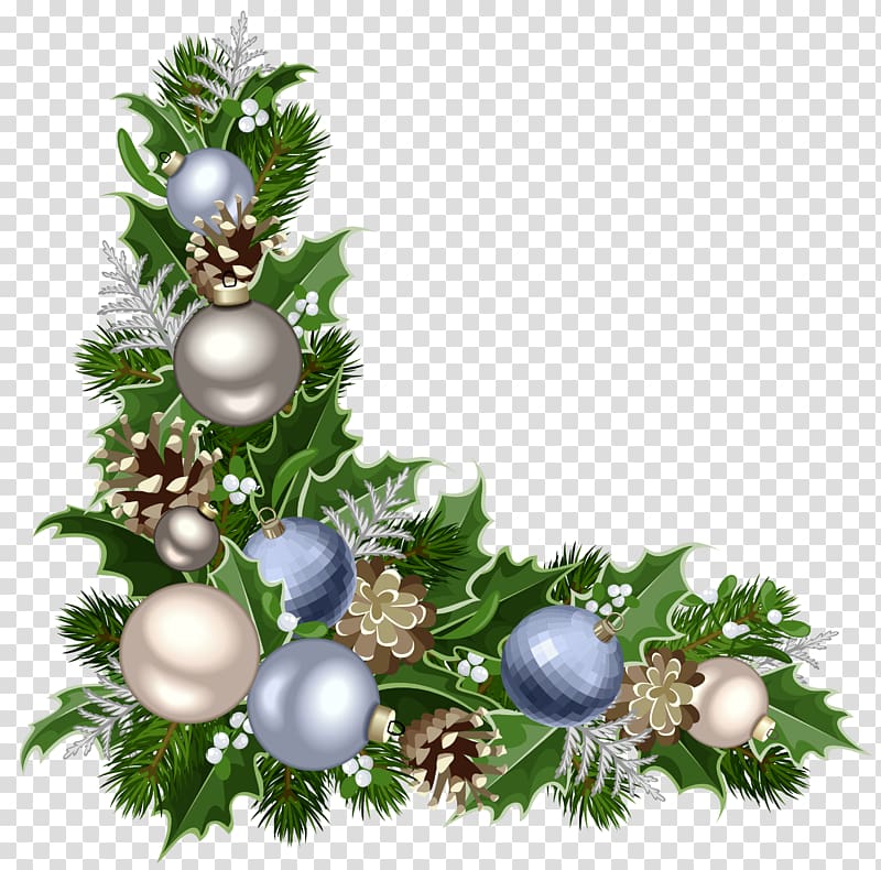Christmas decoration Christmas ornament Santa Claus, Christmas Deco Corner with Decorations , green palmate leaf with blue and gray baubles illustration transparent background PNG clipart