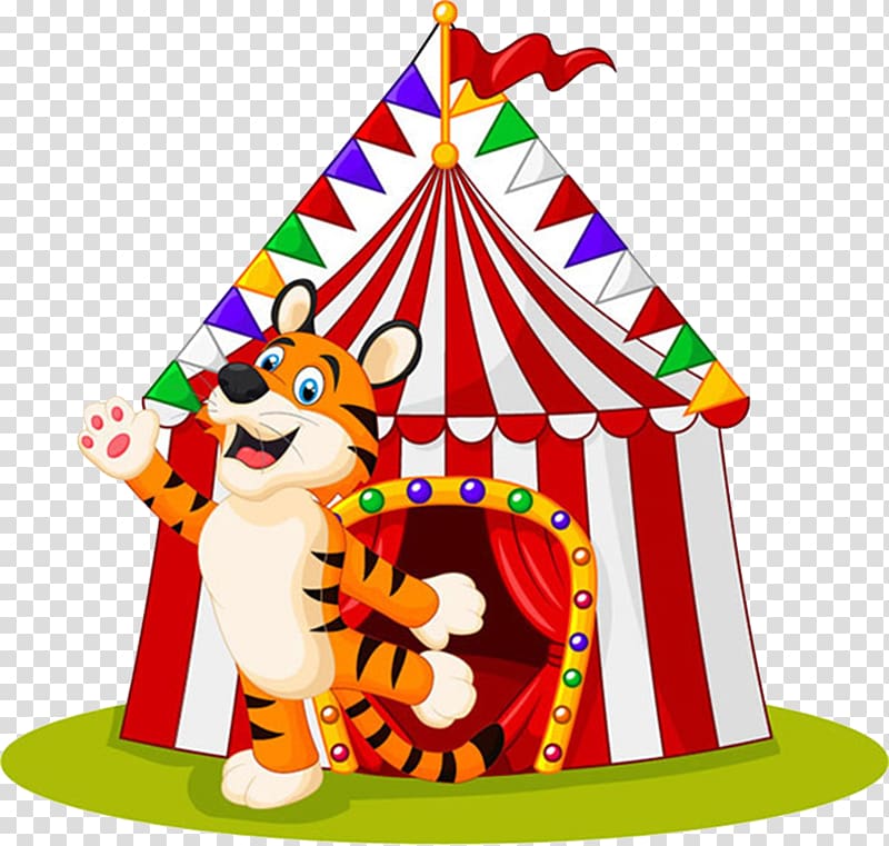 Cartoon Circus Tent Illustration, Circus cartoon tiger transparent background PNG clipart