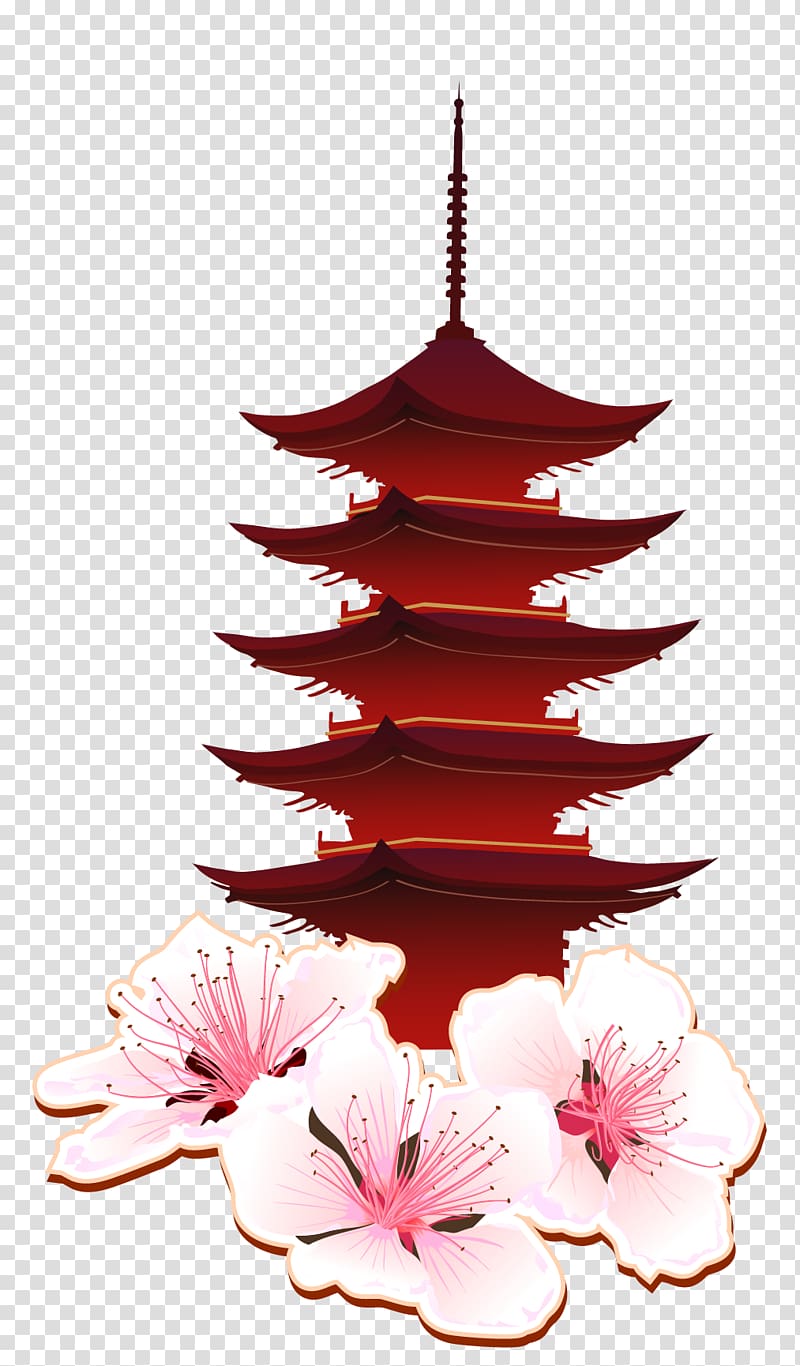 red pagoda and pink cherry blossom art, Itsukushima Shrine Torii Illustration, Japan ancient buildings material transparent background PNG clipart