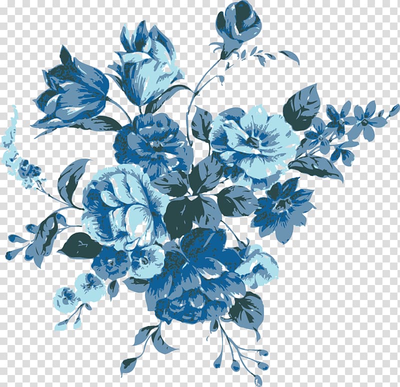 white and grey flowers illustration, blue hand-painted flowers transparent background PNG clipart