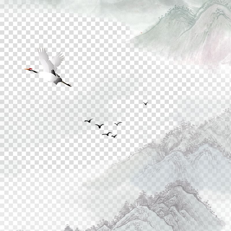 Landscape Flying Ink Ink Paintings, white and black birds flying over white mountains transparent background PNG clipart