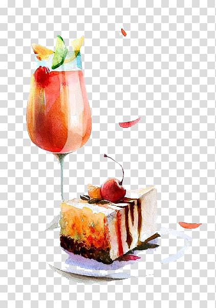 cake slice and juice in glass, Cocktail Watercolor painting Food Drawing Illustration, cocktail transparent background PNG clipart