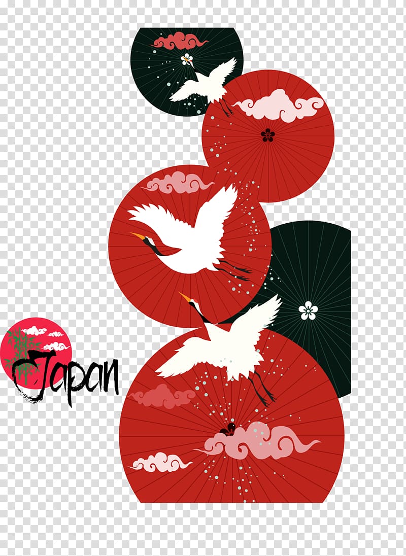 red and white bird-printed umbrella , Japan Adobe Illustrator Icon, Traditional Japanese umbrella transparent background PNG clipart