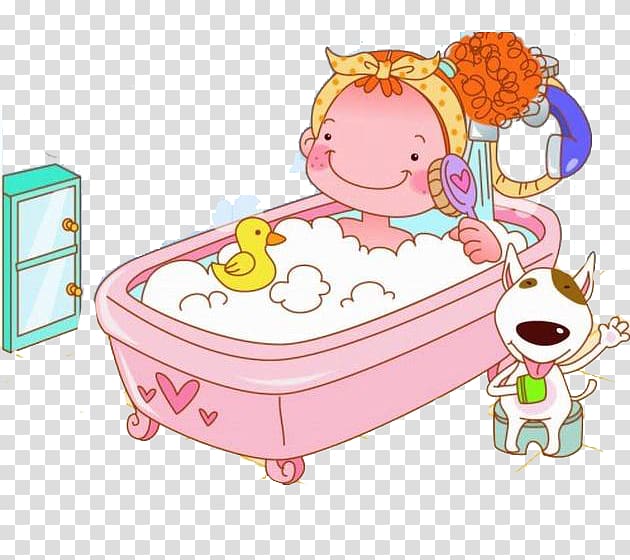 Bathing Cartoon Illustration, Pink bathtub transparent background PNG clipart