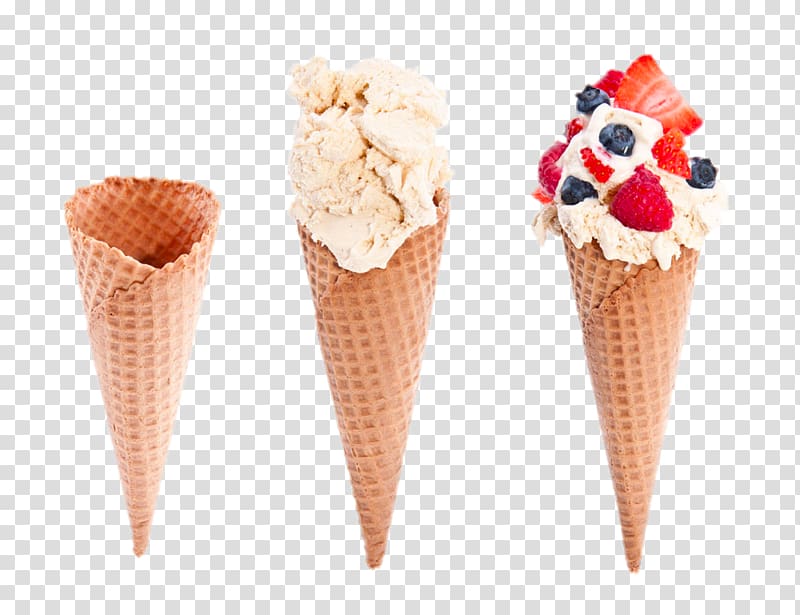 Ice cream cone Biscuit roll Waffle Gelato, Three ice cream cones transparent background PNG clipart