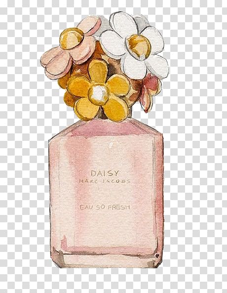 Daisy fragrance bottle, Chanel Perfume Watercolor painting Fashion Designer, Watercolor perfume transparent background PNG clipart