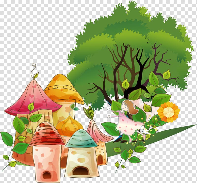 Tree Cartoon Drawing, cute cartoon elf house plant trees transparent background PNG clipart