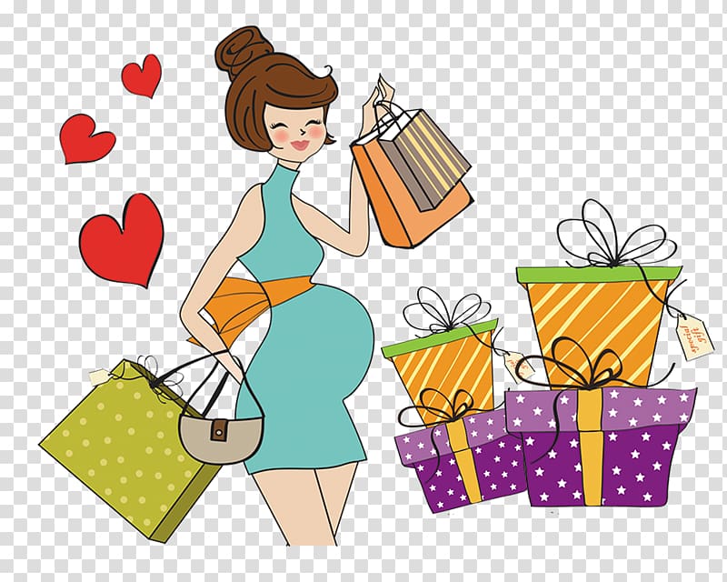 Pregnancy Cartoon Drawing , Beautiful hand-painted cartoon pregnant woman shopping transparent background PNG clipart