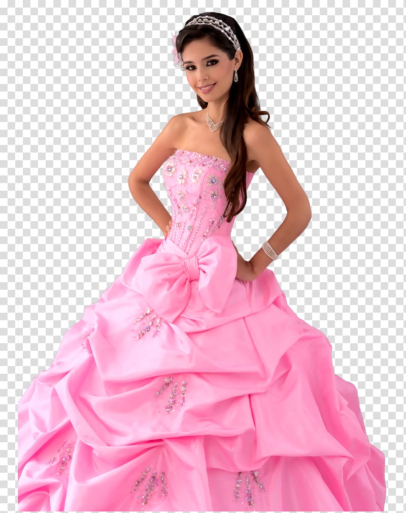 smiling woman wearing pink strapless ruffled gown, Quinceañera Wedding dress Party dress, party transparent background PNG clipart
