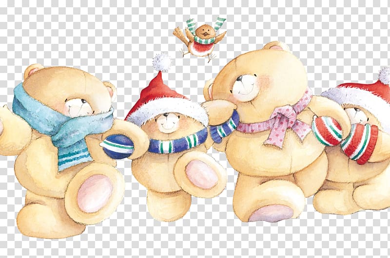 four brown beer plush toys illustration, Teddy bear Giant panda Christmas Forever Friends, Teddy Bear transparent background PNG clipart