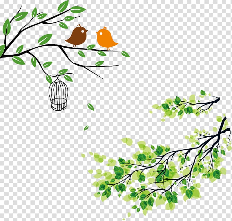 two birds on tree branch illustration, Leaf Twig u624bu6284u5831 , Cartoon tree branches green leaves bird background decoration transparent background PNG clipart