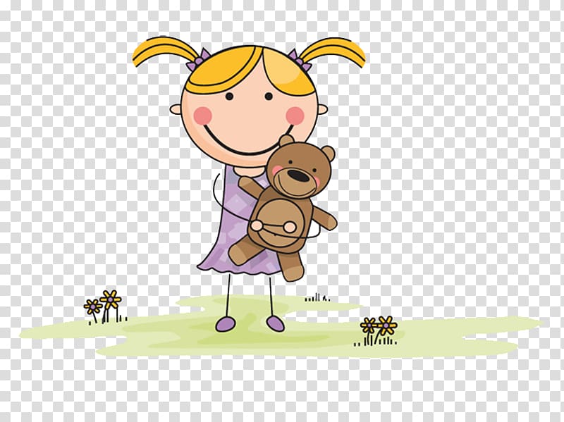 Cartoon Drawing , The little girl with a teddy bear transparent background PNG clipart