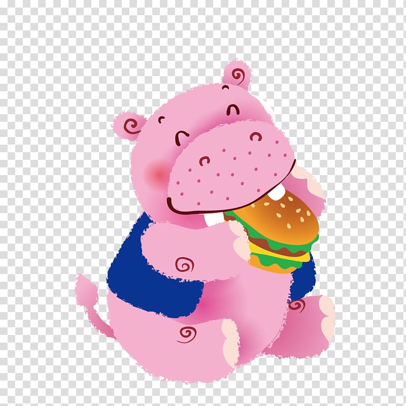 Hippopotamus , red cute hippo eating hamburgers transparent background PNG clipart