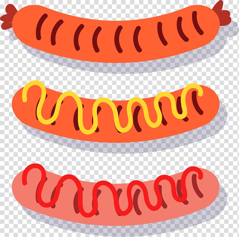 three sausages , Hot dog Barbecue Bratwurst Sausage, painted sausage transparent background PNG clipart