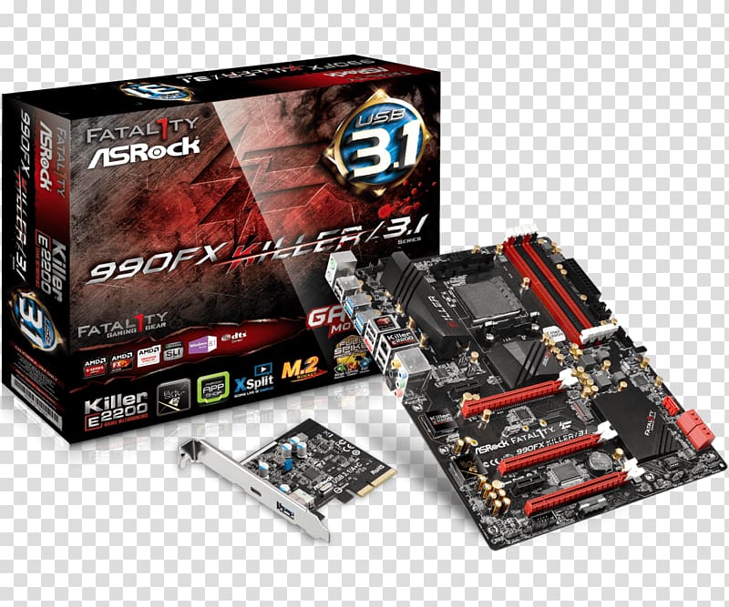 Graphics Cards & Video Adapters ASROCK FATAL1TY 990FX KILLER/3.1, AMD 990FX, AM3+, ATX, XFire/SLI, USB 3.1 Card, M.2, 140W CPU Support Motherboard, others transparent background PNG clipart