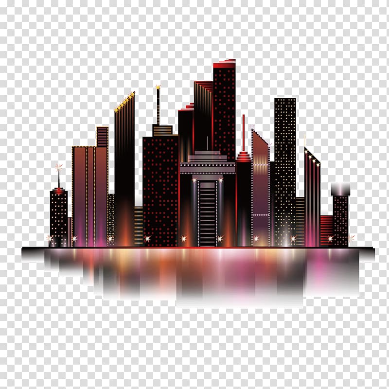 highrise building , red reflections colorful buildings urban night sky transparent background PNG clipart