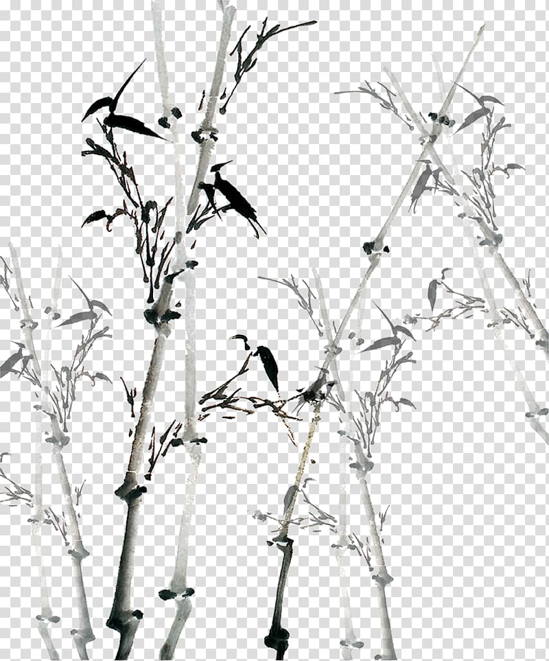 black and gray tree illustration, Bamboo Ink wash painting , bamboo transparent background PNG clipart