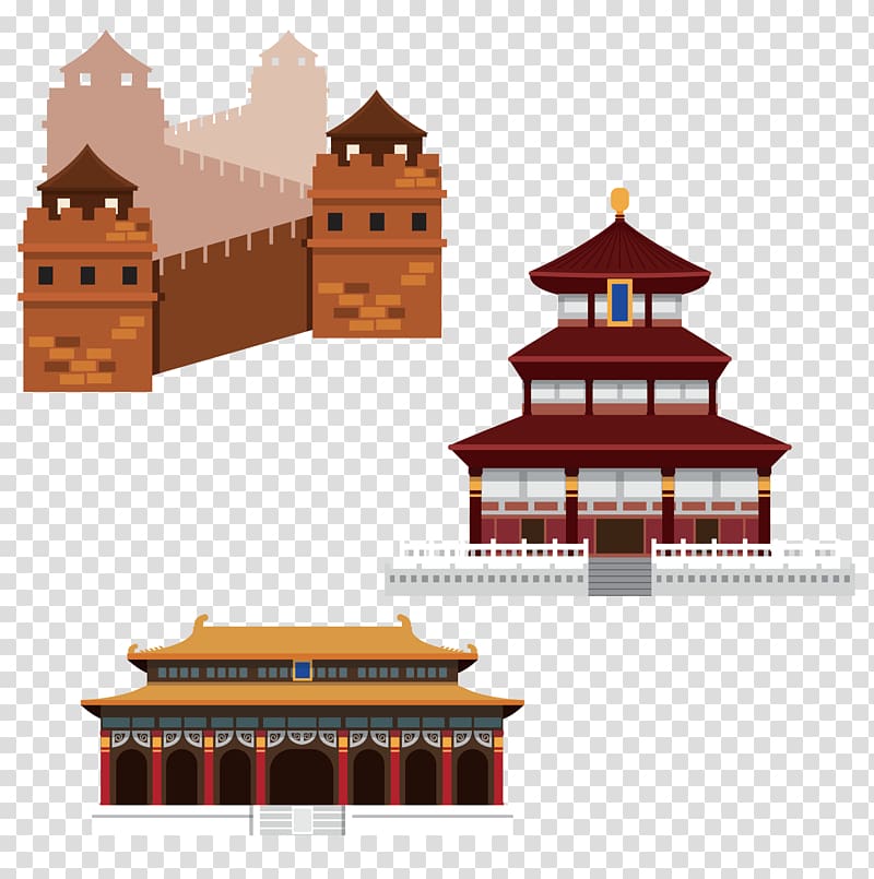 three Chinese temples illustration, China Chinese Illustration, The Great Wall of China ancient buildings material transparent background PNG clipart
