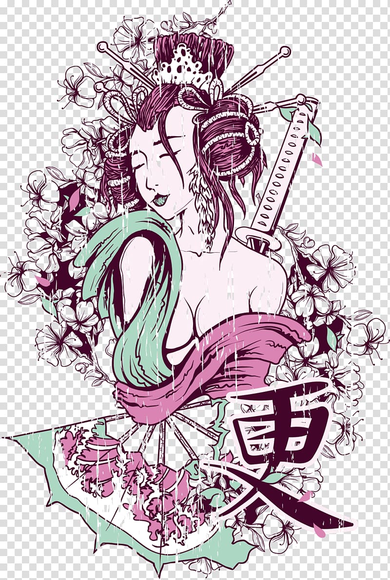woman with sword illustration, T-shirt Geisha, Hand-painted Japanese geisha transparent background PNG clipart