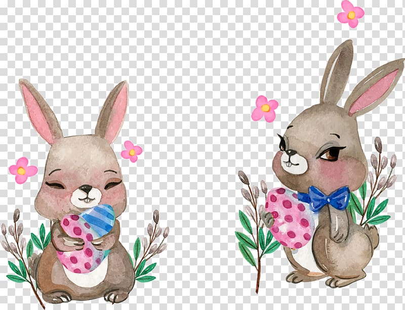 two gray rabbits illustration, Rabbit Watercolor painting Illustration, hand painted rabbit transparent background PNG clipart