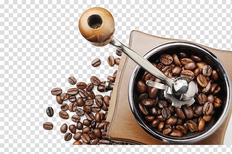 coffee beans and grinder, Coffee bean Espresso Tea Cafe, Coffee grinder transparent background PNG clipart