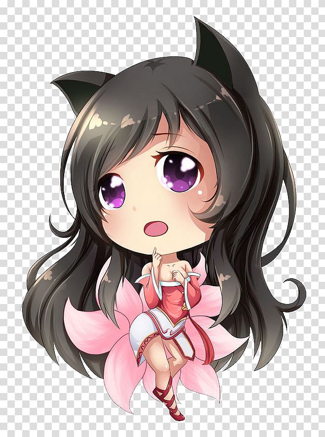 black haired female anime character art, League of Legends Huli jing Nine-tailed fox Comics Manga, Cute cartoon fox girl transparent background PNG clipart