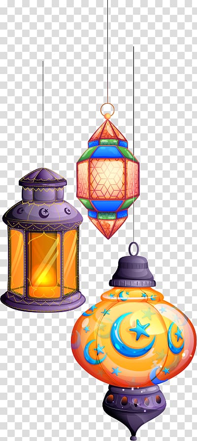 Eid al-Fitr Eid Mubarak Eid al-Adha, five color fantasy light chandelier, three assorted-color lanterns illustration transparent background PNG clipart