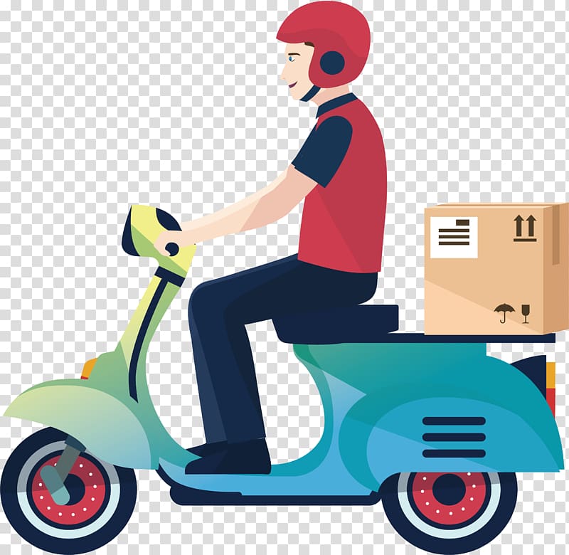 man riding motor scooter with box , Delivery Motorcycle Courier Logistics Service, A motorcycle delivery man transparent background PNG clipart