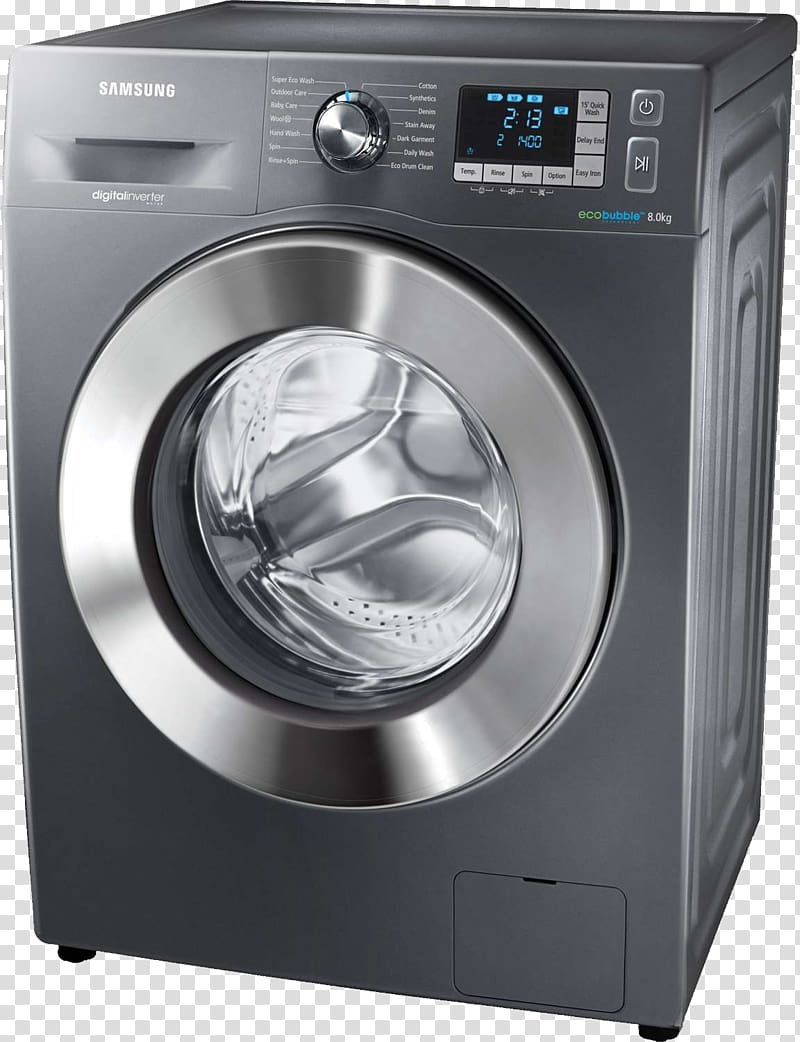 gray Samsung front load washing machine displaying at 2;13, Washing machine Samsung, Washing machine transparent background PNG clipart
