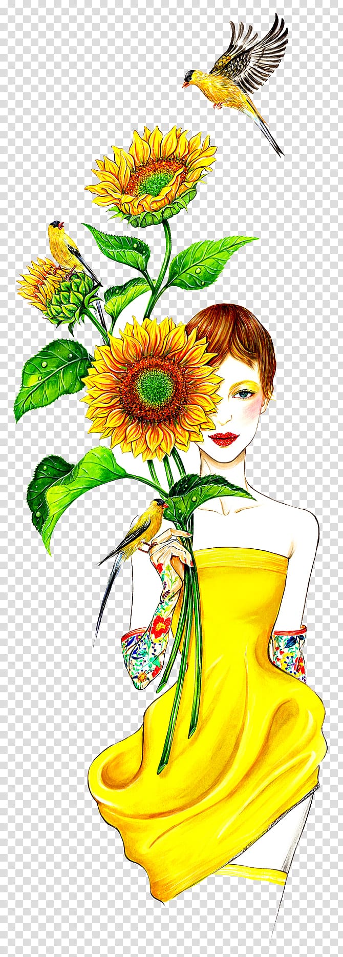 woman holding sunflowers illustration, Fashion illustration Drawing Illustrator Illustration, Sunflowers and birds transparent background PNG clipart