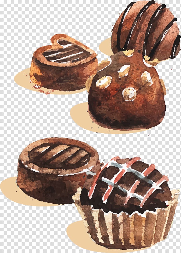 five chocolate cupcakes and cakes illustration, Chocolate truffle Bonbon Chocolate bar Chocolate cake, Drawing Chocolate Cake transparent background PNG clipart