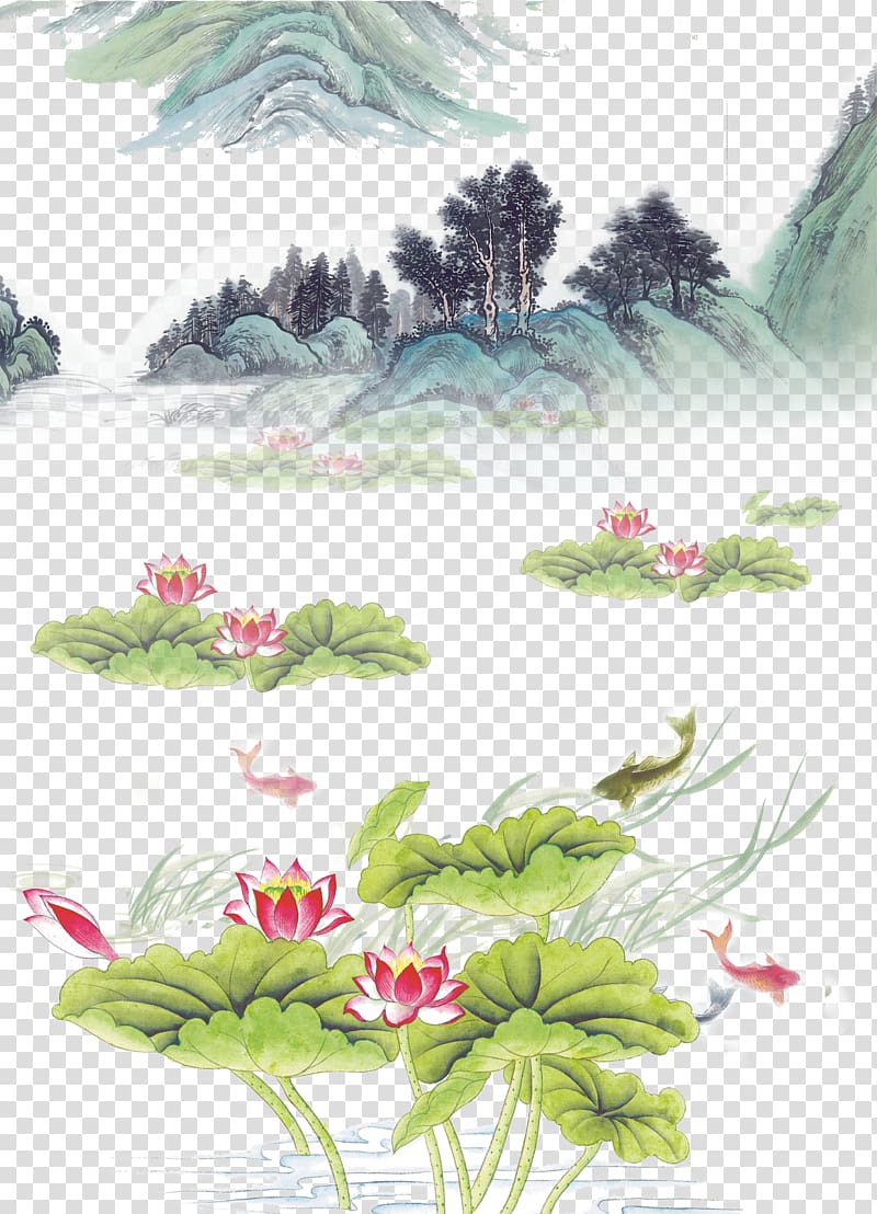 forest and river illustration, Koi Shan shui Ink wash painting Fukei, Lotus Carp Mountain Ink transparent background PNG clipart