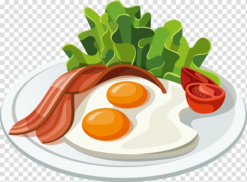 sunny side-up egg, bacon, tomato, and vegetable leaf dish , Breakfast Fast food Belgian waffle Bacon, Gourmet breakfast egg omelette transparent background PNG clipart