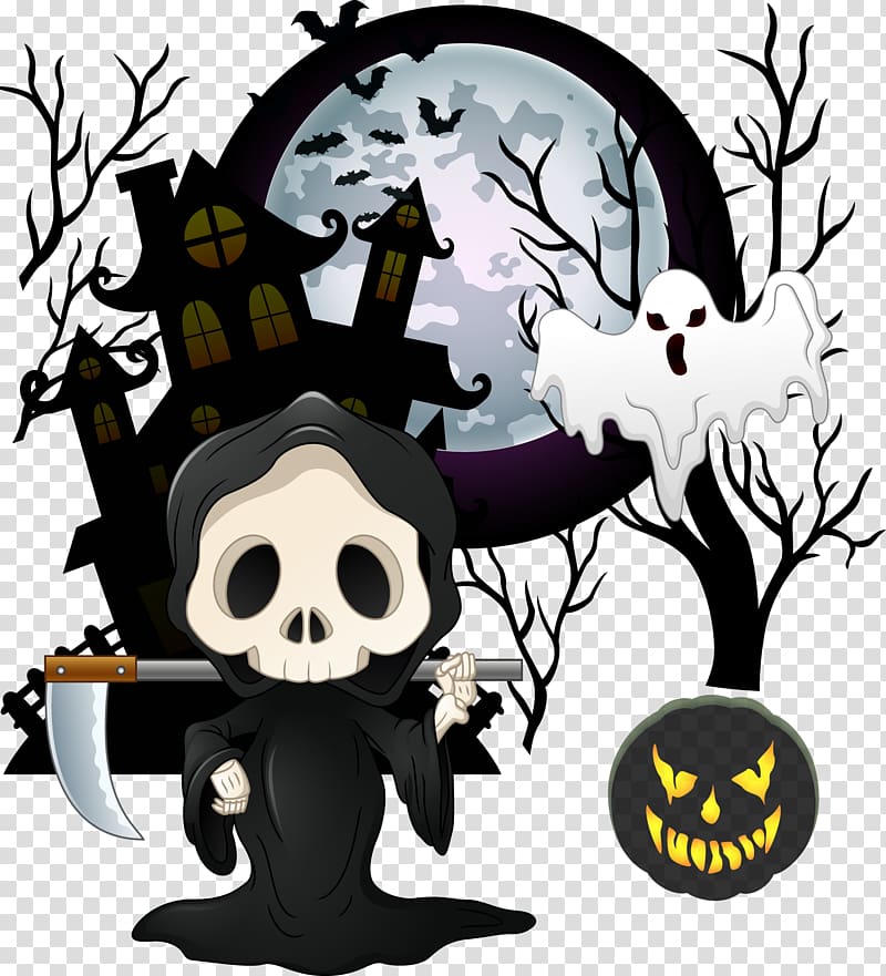 Halloween illustration, Halloween Cartoon Skeleton Ghost, Halloween cartoon skull transparent background PNG clipart